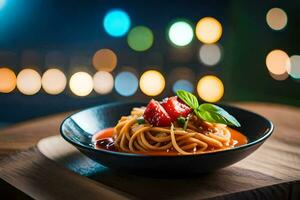 een kom van spaghetti met tomaat saus en basilicum Aan een houten tafel. ai-gegenereerd foto