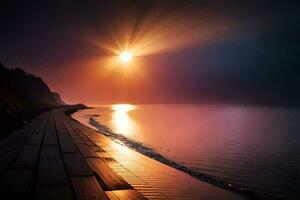 een lang houten pier met de zon schijnend over- het. ai-gegenereerd foto