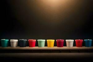 een rij van kleurrijk cups Aan een plank. ai-gegenereerd foto