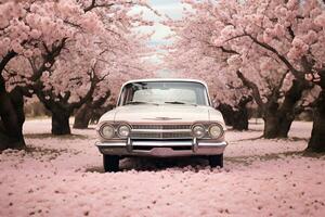 klassiek natuurlijk achtergrond schoon kijken roze auto afbeelding roze bloem veld- generatief ai foto