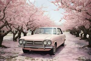 klassiek natuurlijk achtergrond schoon kijken roze auto afbeelding roze bloem veld- generatief ai foto