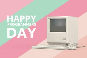 gelukkig programmeurs dag concept. retro persoonlijk computer met programmeurs dag teken. 3d renderen foto