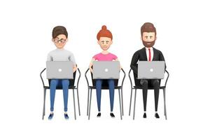 samenspel concept. bedrijf team karakter personen zittend in kantoor stoelen en gebruik makend van laptops. 3d renderen foto
