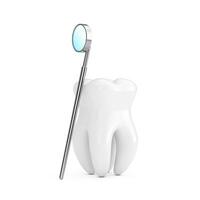 tandheelkundig Gezondheid concept. tand icoon met tandheelkundig inspectie spiegel voor tanden. 3d renderen foto