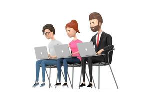 samenspel concept. bedrijf team karakter personen zittend in kantoor stoelen en gebruik makend van laptops. 3d renderen foto