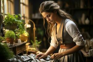 een jong vrouw mode ontwerper duurt metingen van kleding stof in haar atelier. vrouwen bedrijf. generatief ai. foto