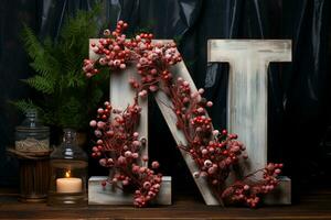 Kerstmis en gelukkig nieuw jaar decoratie Aan houten tafel. generatief ai foto