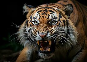 portret van tijger gezicht brullen dichtbij omhoog. generatief ai. foto