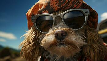 een schattig rasecht hond vervelend zonnebril, zittend buitenshuis, op zoek koel gegenereerd door ai foto
