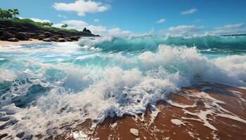 blauw water spatten Aan zanderig kustlijn, een tropisch zeegezicht paradijs gegenereerd door ai foto