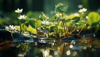 versheid van lente groen bladeren, bloeiend bloemen, en rustig vijvers gegenereerd door ai foto