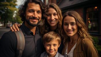 glimlachen familie buitenshuis, omarmen vreugde en liefde, genieten van zomer vakanties gegenereerd door ai foto