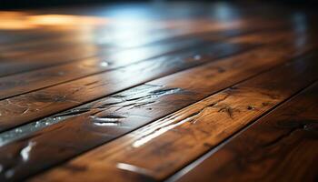 nat hout plank weerspiegelt regendruppel patroon Aan glas tafel gegenereerd door ai foto
