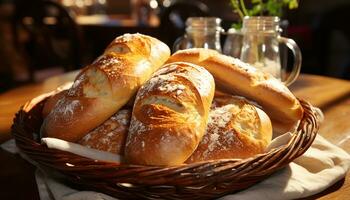 vers gebakken brood Aan houten tafel, een heerlijk eigengemaakt maaltijd gegenereerd door ai foto