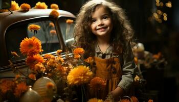 glimlachen meisje houdt pompoen, geniet herfst natuur met zonnebloem gegenereerd door ai foto
