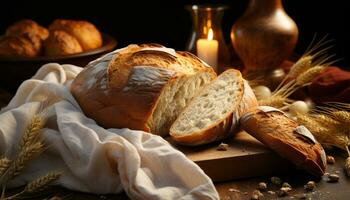 vers gebakken brood, een rustiek maaltijd Aan een houten tafel gegenereerd door ai foto