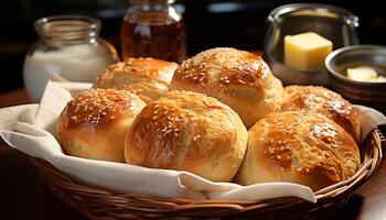 vers gebakken brood in een rieten mand, een eigengemaakt genot gegenereerd door ai foto