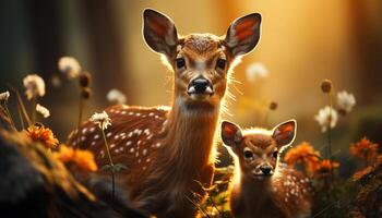 schattig hert in weide, op zoek Bij camera, omringd door natuur gegenereerd door ai foto