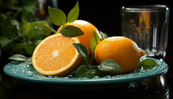 vers citrus fruit plak Aan groen blad, verfrissend zomer drinken gegenereerd door ai foto