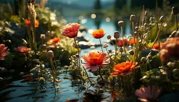 een levendig weide van kleurrijk bloemen in de zomer zon gegenereerd door ai foto
