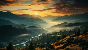majestueus berg piek, rustig Woud, zonsopkomst verven natuur schoonheid gegenereerd door ai foto