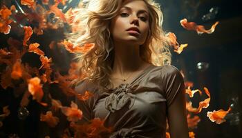 een mooi jong vrouw in herfst, uitstralend elegantie en sensualiteit gegenereerd door ai foto