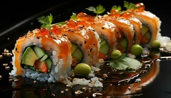 versheid en culturen Aan een bord zeevruchten, avocado, en maki sushi gegenereerd door ai foto