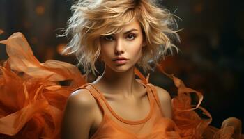 een mooi jong vrouw met lang blond haar- en elegantie gegenereerd door ai foto
