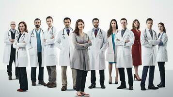 groep van artsen staand in voorkant van een wit achtergrond. ai generatief foto