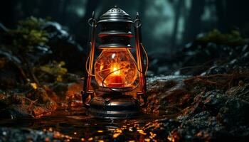 gloeiend lantaarn verlicht donker Woud, creëren een spookachtig winter tafereel gegenereerd door ai foto