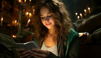 een jong vrouw lachend, genieten van de nacht met haar tablet gegenereerd door ai foto