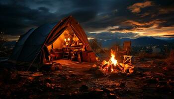 camping avontuur vlammen dans, warmte stijgt, natuur schoonheid gloeiend gegenereerd door ai foto