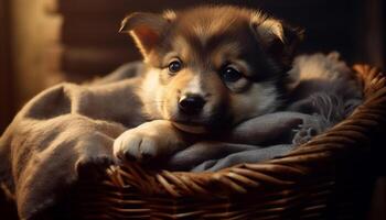 schattig puppy spelen buitenshuis, pluizig vacht, klein en speels gegenereerd door ai foto