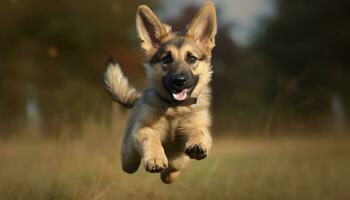 schattig puppy rennen in gras, speels en vrolijk buitenshuis gegenereerd door ai foto