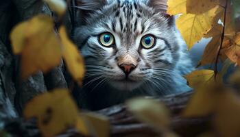 schattig katje zittend in herfst Woud, op zoek Bij camera gegenereerd door ai foto