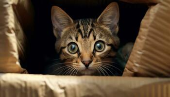 schattig katje met gestreept vacht, staren, resting Aan hoofdkussen gegenereerd door ai foto