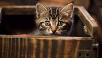 schattig katje zittend buitenshuis, staren Bij camera met nieuwsgierigheid gegenereerd door ai foto