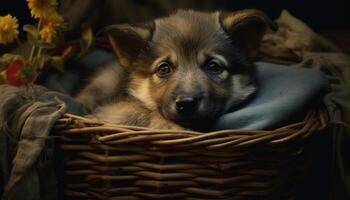 schattig puppy zittend in gras, op zoek Bij camera speels gegenereerd door ai foto