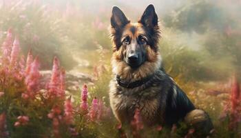 schattig puppy zittend buitenshuis, op zoek Bij camera, loyaal en speels gegenereerd door ai foto