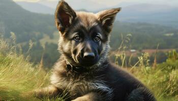 schattig puppy zittend in gras, op zoek Bij camera buitenshuis gegenereerd door ai foto