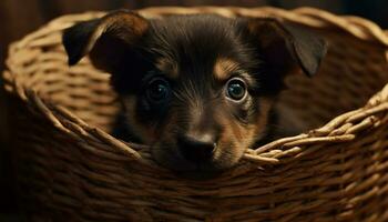 schattig puppy zittend buitenshuis, op zoek Bij camera met verdrietig ogen gegenereerd door ai foto