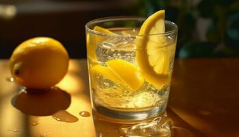 verfrissend citroen cocktail Aan een houten tafel, perfect voor zomer gegenereerd door ai foto