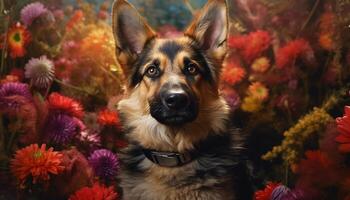 schattig puppy zittend buitenshuis, op zoek Bij camera, omringd door bloemen gegenereerd door ai foto