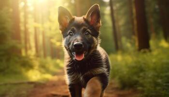 schattig puppy zittend buitenshuis, op zoek Bij camera, speels en gelukkig gegenereerd door ai foto