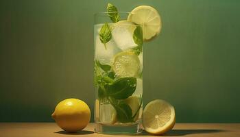vers citroen plak in een glas, perfect zomer verfrissing gegenereerd door ai foto