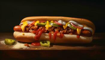 gegrild rundvlees heet hond Aan bun met ketchup en ui gegenereerd door ai foto