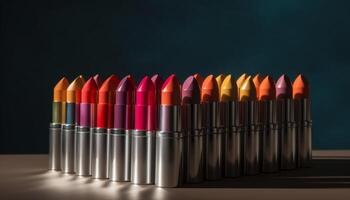 een levendig verzameling van multi gekleurde lippenstift voor glamoureus schoonheid gegenereerd door ai foto