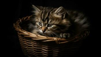 schattig katje zittend in een mand, op zoek Bij de camera gegenereerd door ai foto