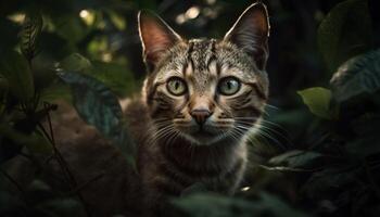 schattig katje met gestreept vacht zittend in groen gras buitenshuis gegenereerd door ai foto