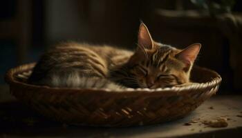 schattig katje slapen, pluizig vacht, gestreept, knus mand, vredig ontspanning gegenereerd door ai foto